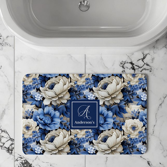 Luxury Blue Ivory Flowers Personalised Bath Mat (Luxury Blue Ivory Flowers Personalized Bath Mat)
