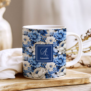 Luxury Blue Ivory Flowers Personalised Coffee Mug