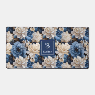 Luxury Blue Ivory Flowers Personalised Desk Mat