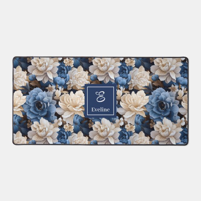 Luxury Blue Ivory Flowers Personalised Desk Mat (Front)