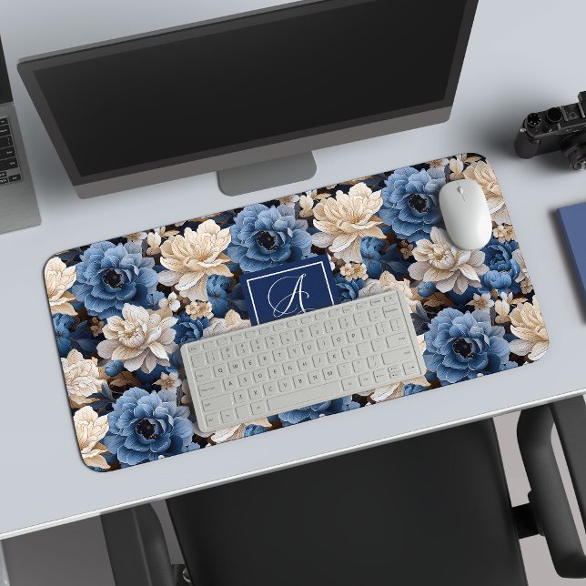 Luxury Blue Ivory Flowers Personalised Desk Mat (Luxury Blue Ivory Flowers Personalized Desk Mat)