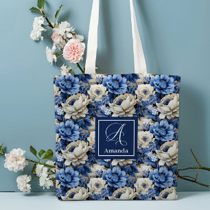 Luxury Blue Ivory Flowers Personalised Tote Bag