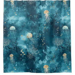 Luxury Blue Jellyfish Coral Ocean Pattern Shower Curtain