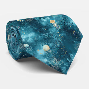 Luxury Blue Jellyfish Coral Ocean Pattern Tie