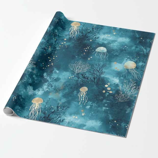 Luxury Blue Jellyfish Coral Ocean Pattern Wrapping Paper (Unrolled)
