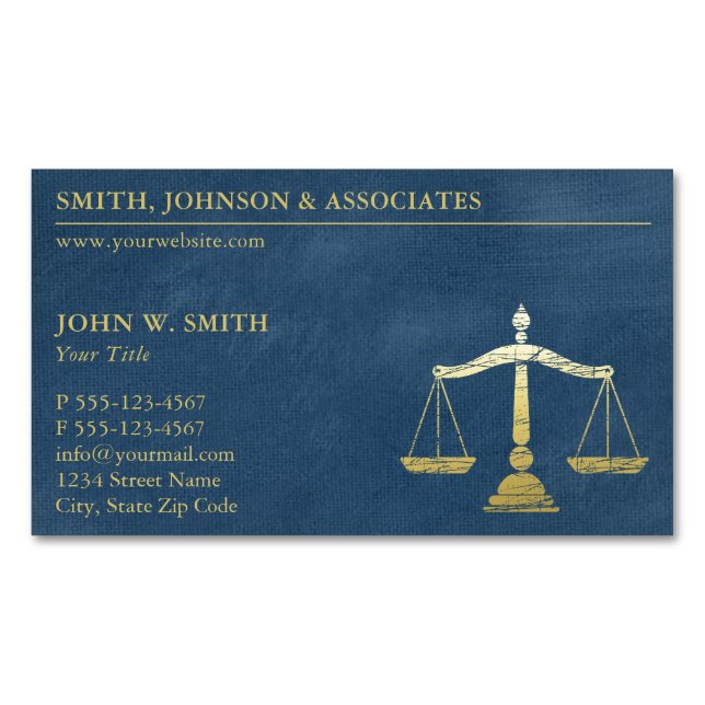 Luxury Blue Lawyer Scales of Justice Gold Look Magnetic Business Card (Front)