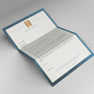 Luxury blue leather frame gold monogram business custom letterhead