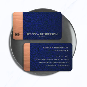 Luxury Blue Leather with Copper Accent Monogram Business Card