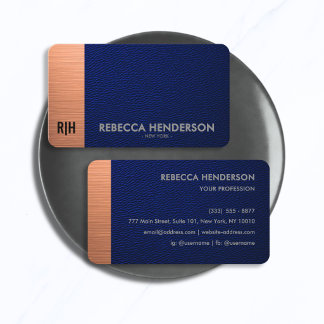 Luxury Blue Leather with Copper Accent Monogram  Business Card