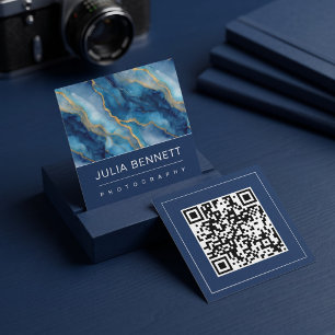 Luxury Blue Marble Design with Elegant Gold Square Business Card