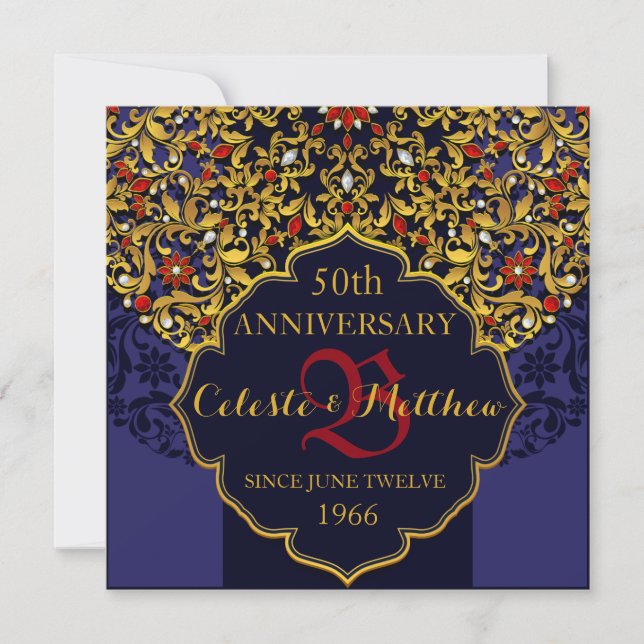 Luxury Blue Red Gold 50th Anniversary Invite (Front)
