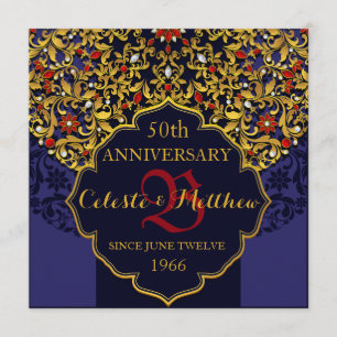Luxury Blue Red Gold 50th Anniversary Invite