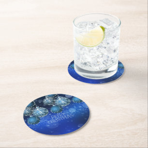 Luxury Blue & Silver Christmas Bauble Round Paper Coaster