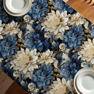 Luxury Blue White Ivory Floral Soft Tablecloth