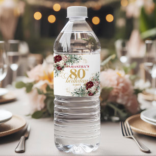 Luxury Blush Burgundy 80th Birthday Water Labels