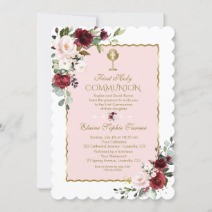 Luxury Blush Burgundy Floral Gold Holy Communion Invitation