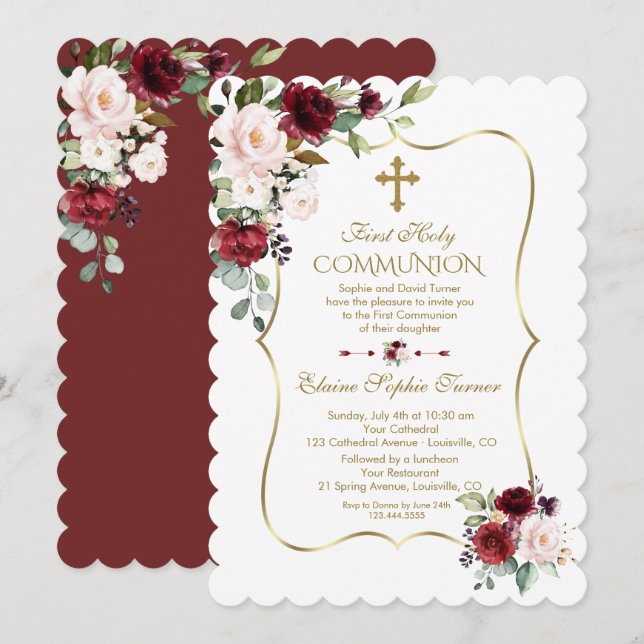 Luxury Blush Burgundy Flowers First Holy Communion Invitation (Front/Back)