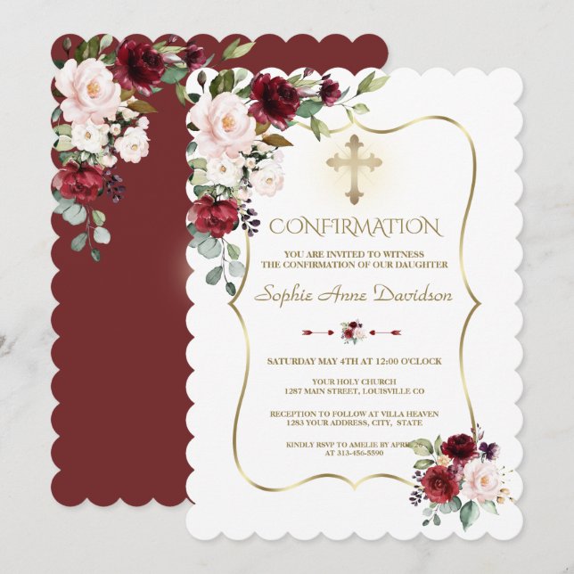 Luxury Blush Burgundy Flowers Girl Confirmation Invitation (Front/Back)