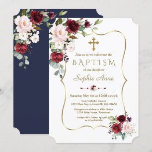 Luxury Blush Burgundy Flowers Gold Cross Baptism Invitation