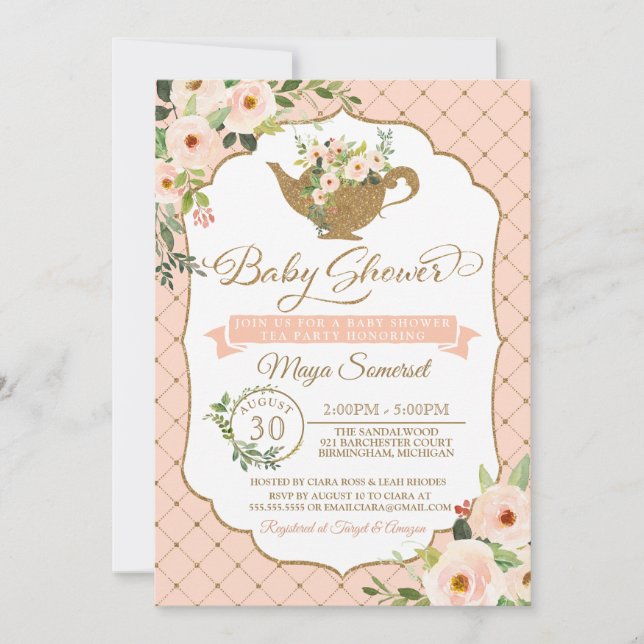 Luxury Blush Floral Girl Tea Party Baby Shower Invitation (Front)