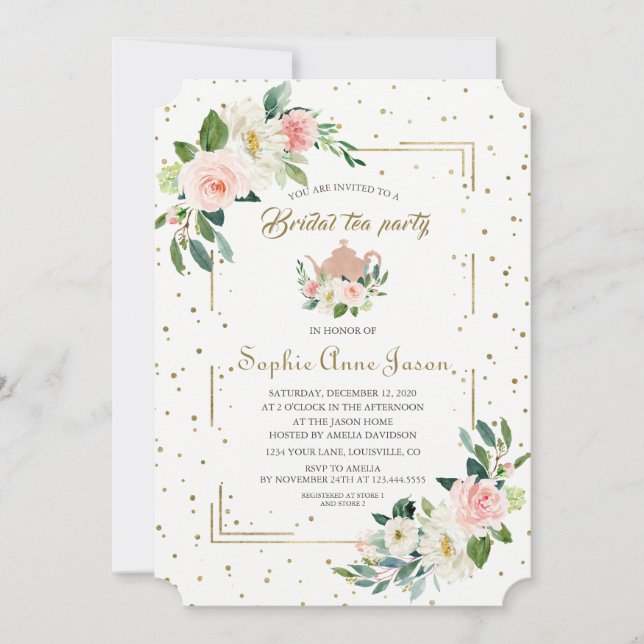 Luxury Blush Floral Gold Glitter Bridal Shower Invitation (Front)