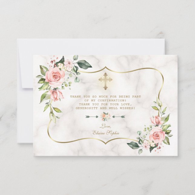Luxury Blush Floral Gold Marble Girl Confirmation Thank You Card (Front)