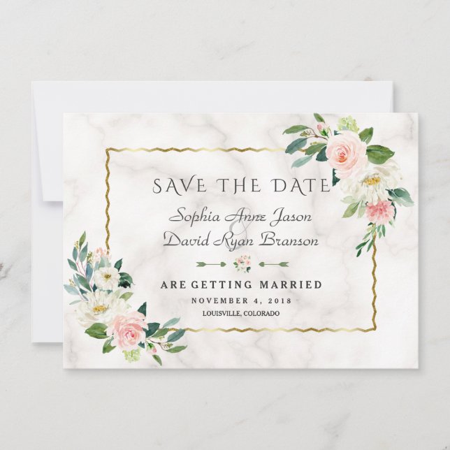 Luxury Blush Flowers Gold Frame Marble Wedding Save The Date (Front)