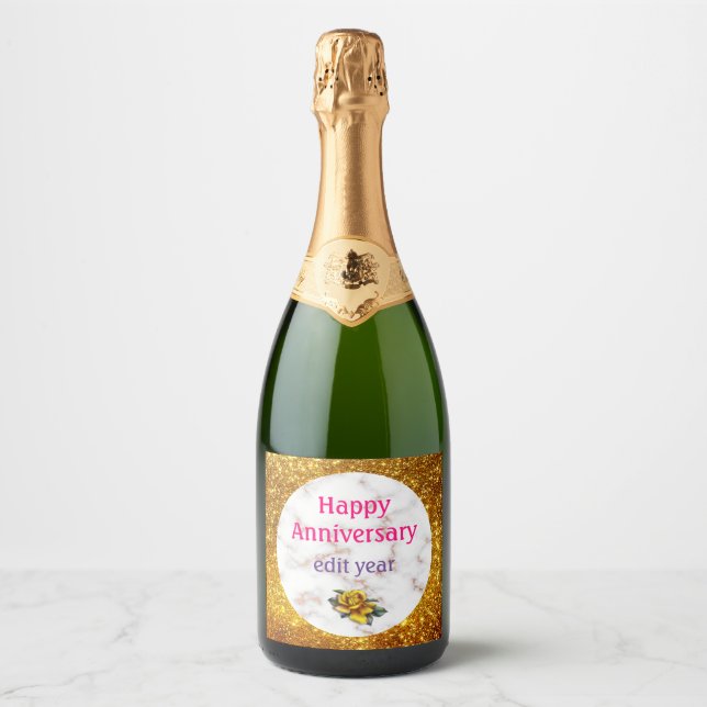 Luxury Blush Glitter Pink White Marble Customise Sparkling Wine Label (Front)