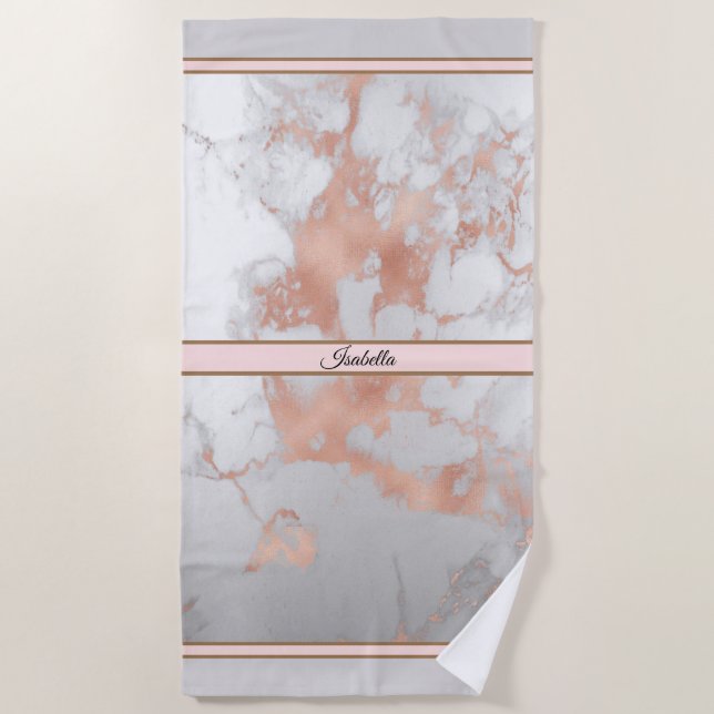 Luxury Blush Glitter White Pink Marble Customise Beach Towel (Front)