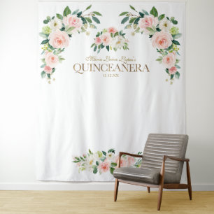Luxury Blush Ivory Floral Quinceañera Photo Booth Tapestry