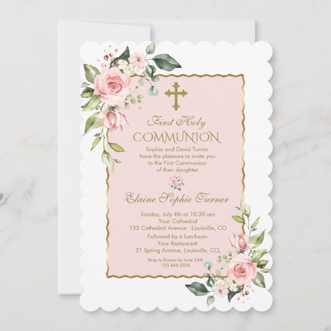 Luxury Blush Pink Floral Gold First Holy Communion Invitation (Front)