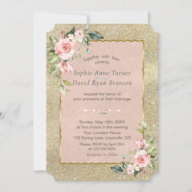 Luxury Blush Pink Flowers Gold Glitter Wedding Invitation (Front)