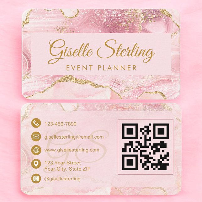 Luxury Blush Pink Gold Event Planner QR Code Business Card (Creator Uploaded)