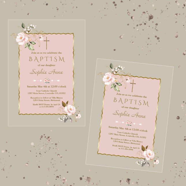 Luxury Blush Pink Gold Flowers Girl Baptism Acrylic Invitations (Creator Uploaded)