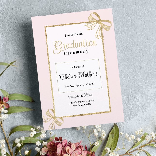 Luxury blush pink gold glitter bow Graduation Invitation (Luxury blush pink gold glitter bow Graduation )