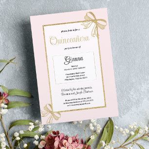 Luxury blush pink gold glitter bow Quinceañera Invitation