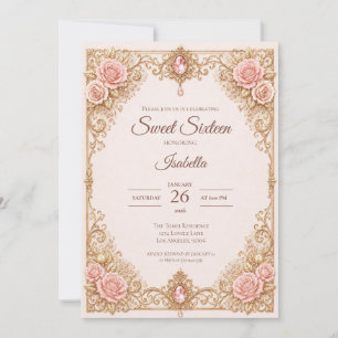 Luxury Blush Pink Gold Lace Bow Sweet 16 Invitation