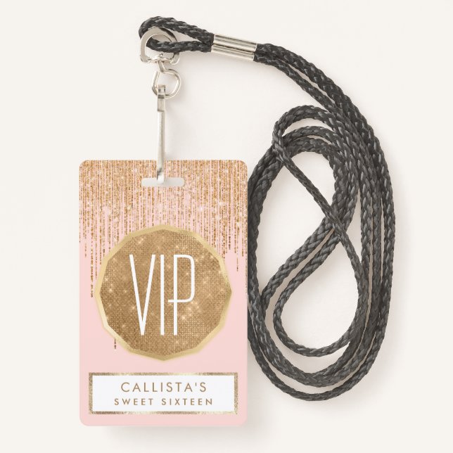 Luxury Blush Pink Gold Sparkly Glitter Fringe ID Badge (Front with Lanyard)