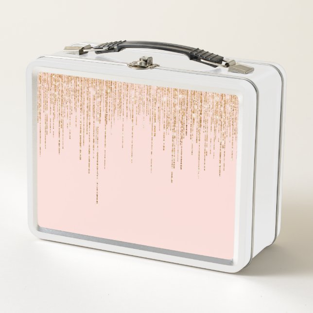Luxury Blush Pink Gold Sparkly Glitter Fringe Metal Lunch Box (Front)
