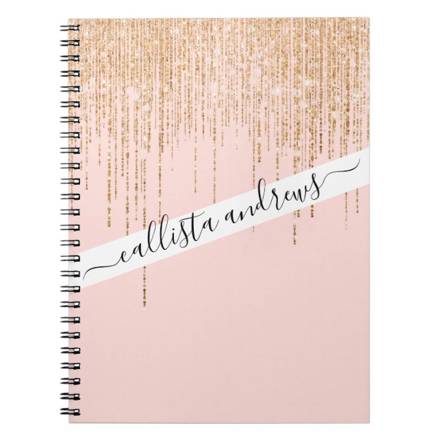 Luxury Blush Pink Gold Sparkly Glitter Fringe Notebook (Front)