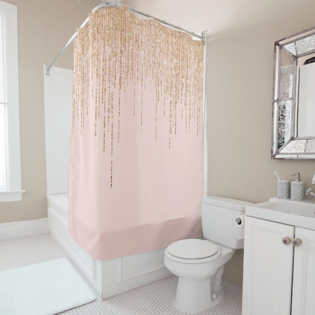 Luxury Blush Pink Gold Sparkly Glitter Fringe Shower Curtain (In Situ)