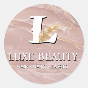 Luxury Blush Pink Marble Beauty Salon Logo Classic Round Sticker