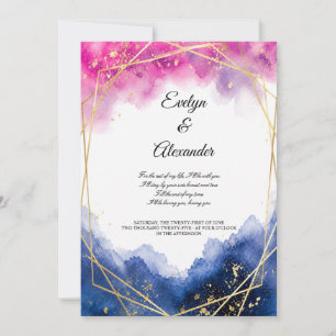 Luxury Blush Pink Navy Blue Watercolor Gold Frame  Invitation