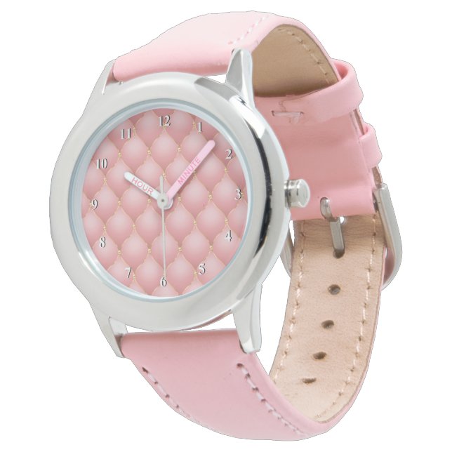Luxury Blush Pink Rose Gold Diamond Tufted Watch (Angled)