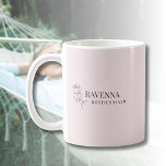 Luxury Blush Pink Rose Line Art Personalised Name  Coffee Mug<br><div class="desc">This elegant mug features a blush pink background with delicate rose line art drawn in a minimalist thin style. Beside the flower appears a personalised name along with an optional custom text line such as bridesmaid, bride, or another meaningful title. The soft pink colour and simple floral illustration create a...</div>