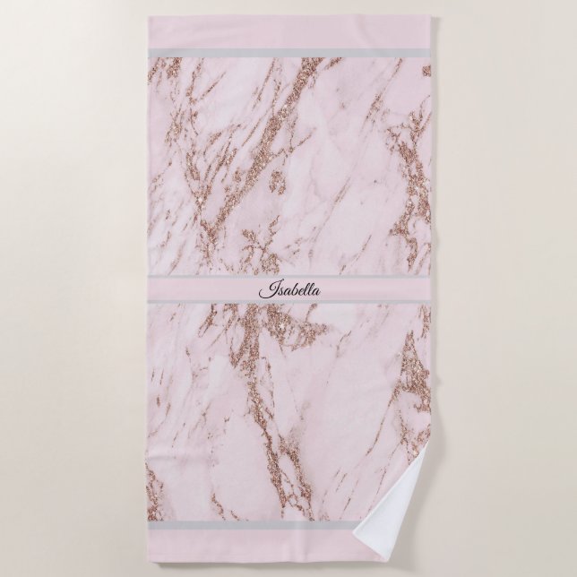 Luxury Blush Rose Pink Glitter Marble Customise Beach Towel (Front)