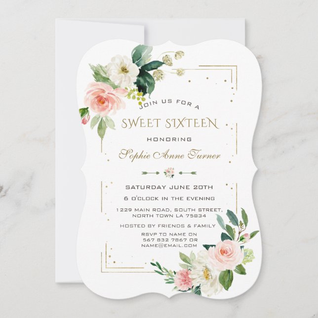 Luxury Blush White Flowers Gold Glitter Sweet 16 Invitation (Front)