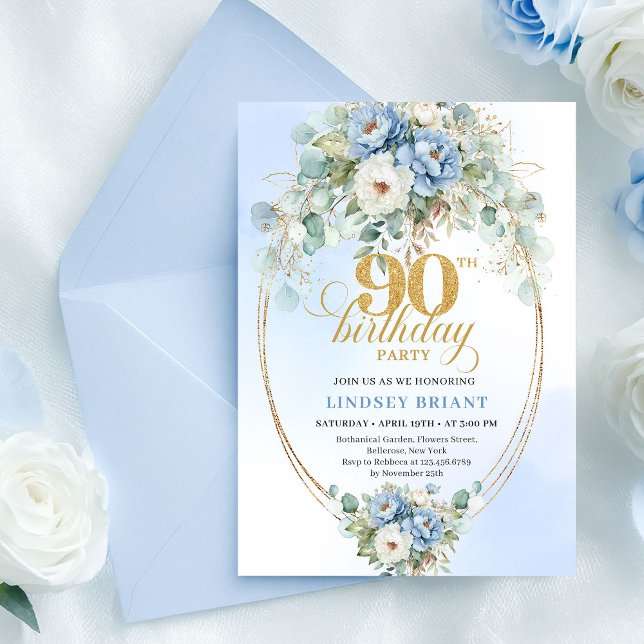 Luxury Boho Blue Peonies Eucalyptus Gold Birthday Invitation (Luxury Boho Blue Peonies Eucalyptus Birthday Invite)