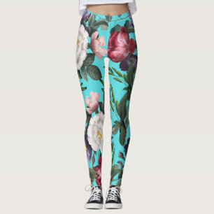 Luxury boho blue sky summer bright rose pattern    leggings