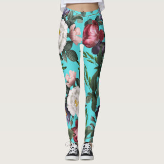 Luxury boho blue sky summer bright rose pattern    leggings